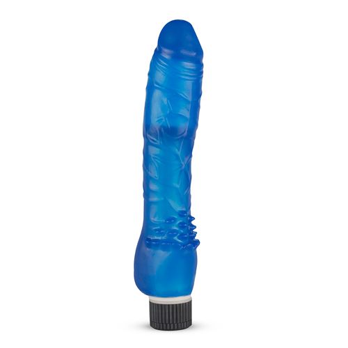 Blauer, länglicher Gegenstand mit geriffelter Oberfläche und Noppen. Schwarzer Sockel mit weißem Ring.