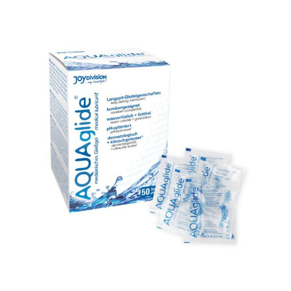 AQUAglide-Box mit 3 Beuteln. Medizinische Gleitgel. Text: Langzeit-Gleiteigenschaften, kondomgeeignet, pH-optimiert, dermatologisch getestet.