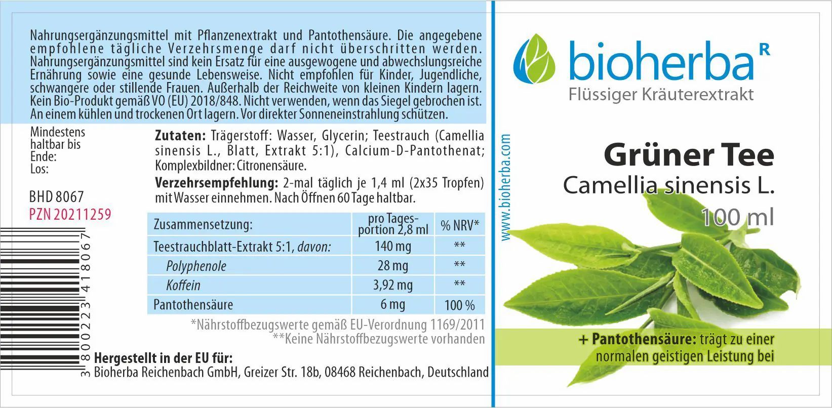 Bioherba Grüner Tee Camellia sinensis L. Tropfen Tinktur
