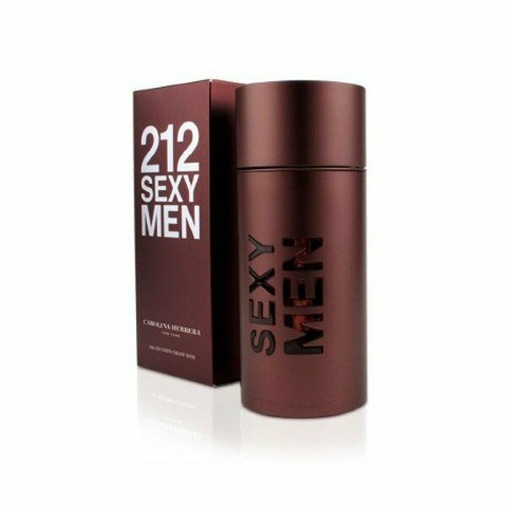 Flacone e scatola marroni. Sulla scatola: 212 SEXY MEN. Sul flacone: SEXY MEN. CAROLINA HERRERA. Eau de toilette. Flacone cilindrico marrone.