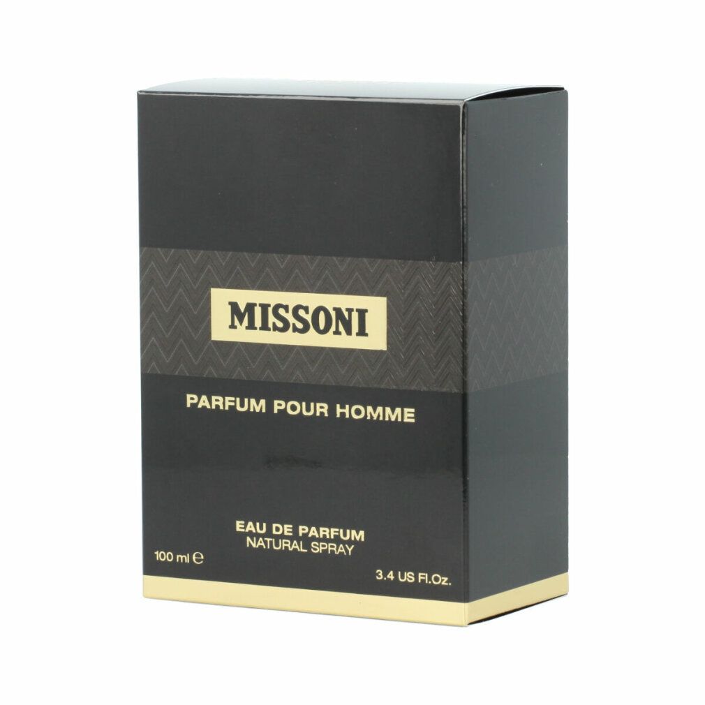 Schwarzer rechteckiger Karton mit goldfarbenem Schriftzug MISSINI, PARFUM POUR HOMME, Eau de Parfum, Natural Spray.