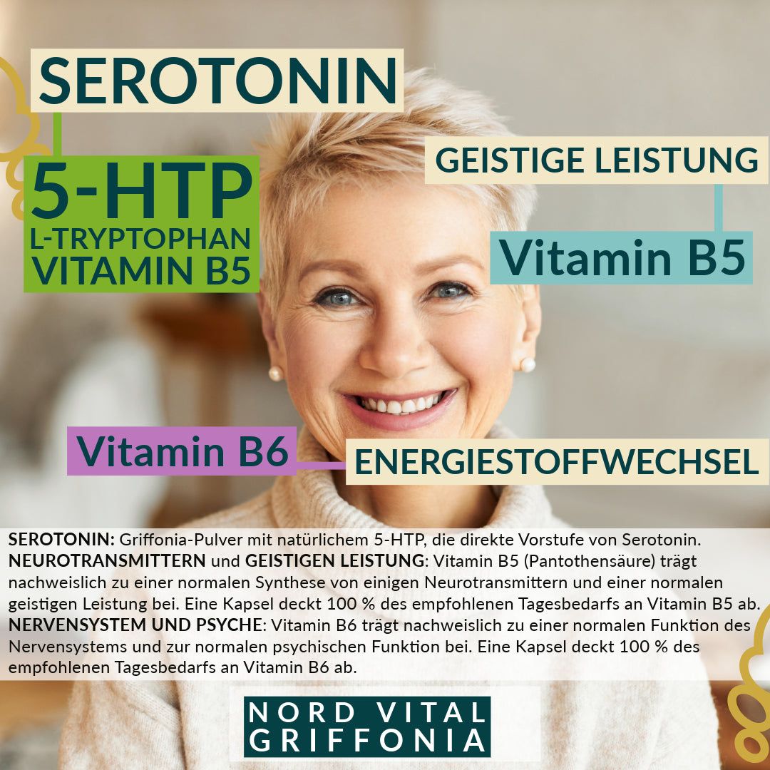 Nord Vital Griffonia Plus - 500 mg Griffoniasamen mit natürlichem 5-HTP - Vitamine B5 und B6 - Vegan