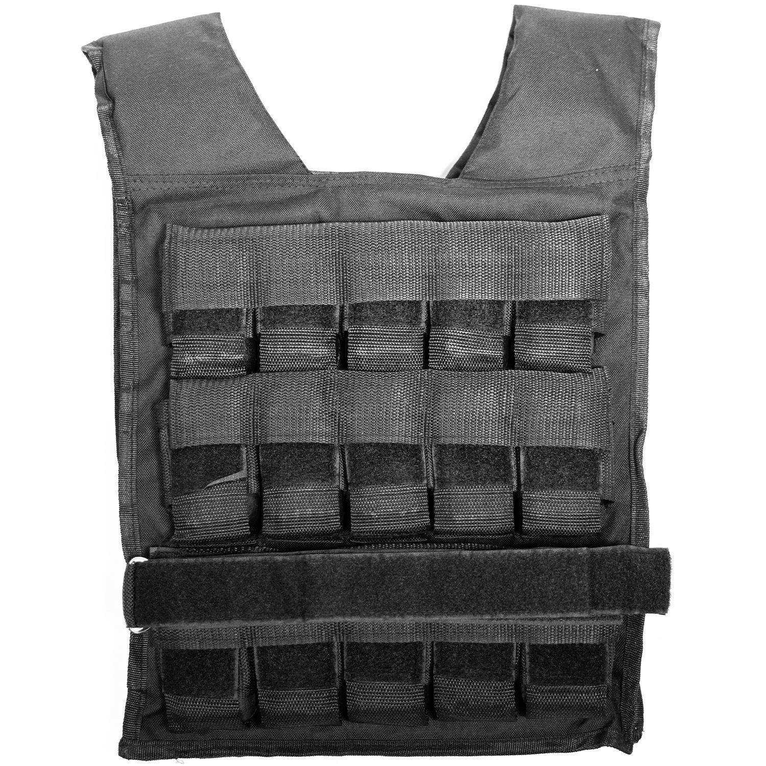 Schwarze Gewichtsweste mit Taschen für Gewichte. Verstellbare Gurte und Klettverschlüsse.