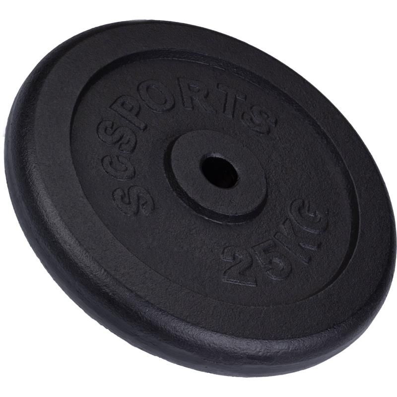 Schwarze Hantelscheibe. Aufschrift: ScSPORTS, 25KG. Runde Form mit Loch in der Mitte.