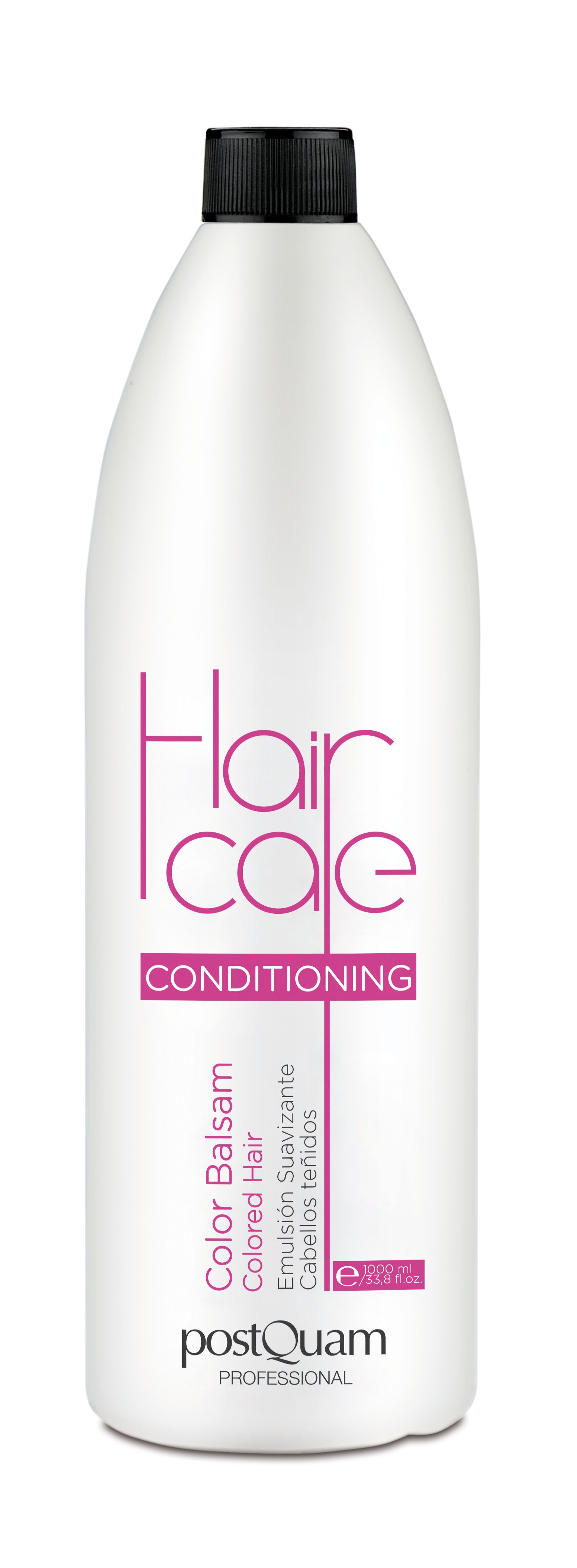 Weiße Flasche mit schwarzem Deckel. Aufschrift: Hair Care, Color Balsam, postQuam Professional. Für coloriertes Haar.