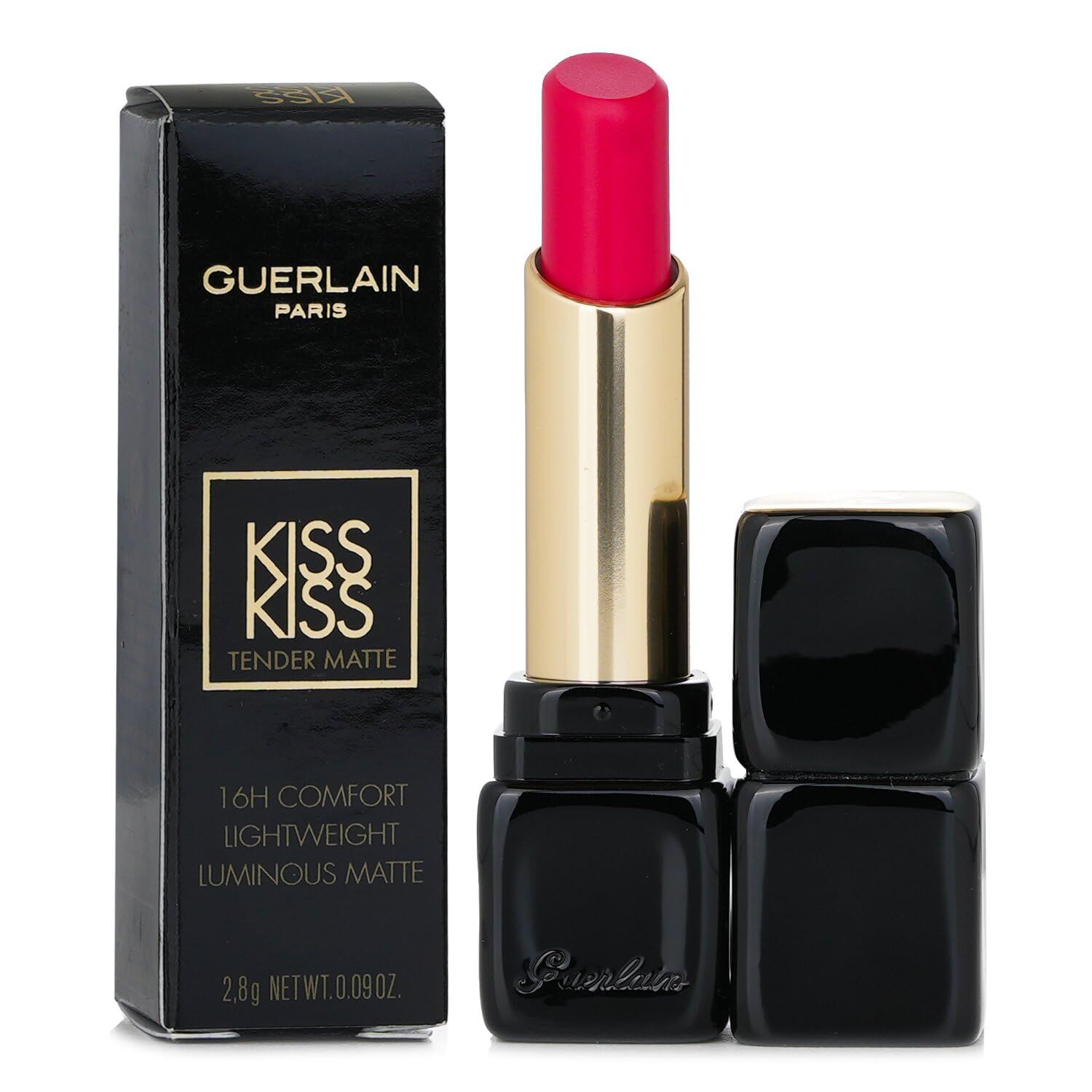 Schwarze Verpackung und Lippenstift. Auf der Verpackung steht "Guerlain Paris KissKiss Tender Matte". Der Lippenstift ist pink.