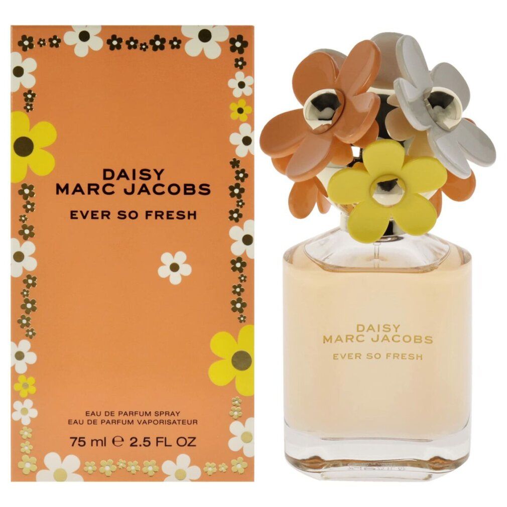 Parfümflasche und Schachtel. Flasche mit Blüten auf dem Deckel. Aufschrift: Daisy Marc Jacobs Ever so Fresh. Schachtel orange.