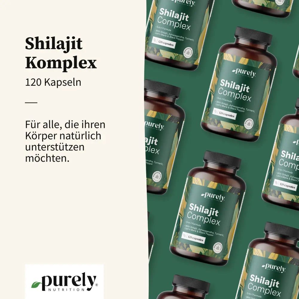 Wiederholendes Muster von braunen Flaschen mit grüner Etikettierung. Aufschrift: Shilajit Complex, 120 Kapseln. Marke: purely nutrition.