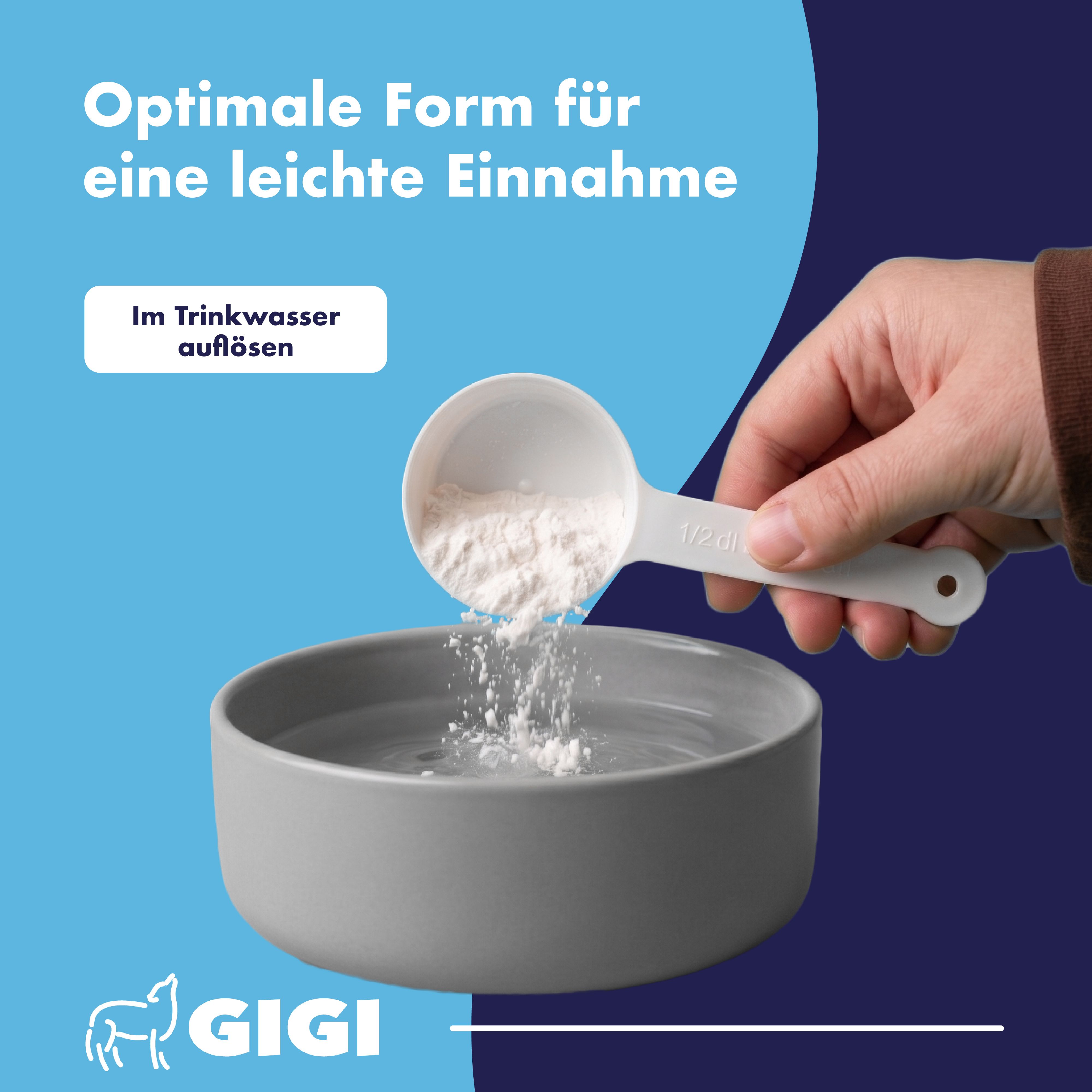 Pulver wird aus Messlöffel in Wasserschale gegeben. Optimale Form für leichte Einnahme, im Trinkwasser auflösen.