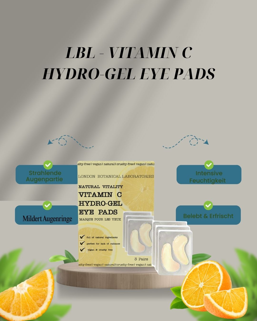 London Botanical Laboratories Vitamin C Hydro-Gel Augenpads mit Orangen.