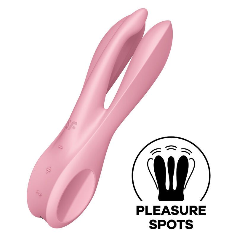 Rosa Vibrator mit drei abgerundeten Enden und Bedienknöpfen. Logo und Text 'Pleasure Spots'.