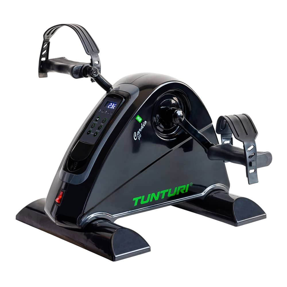Schwarzes Minibike mit Pedalen und Display. Marke Tunturi. Digitalanzeige mit grüner Schrift. Cardio Fit M50.