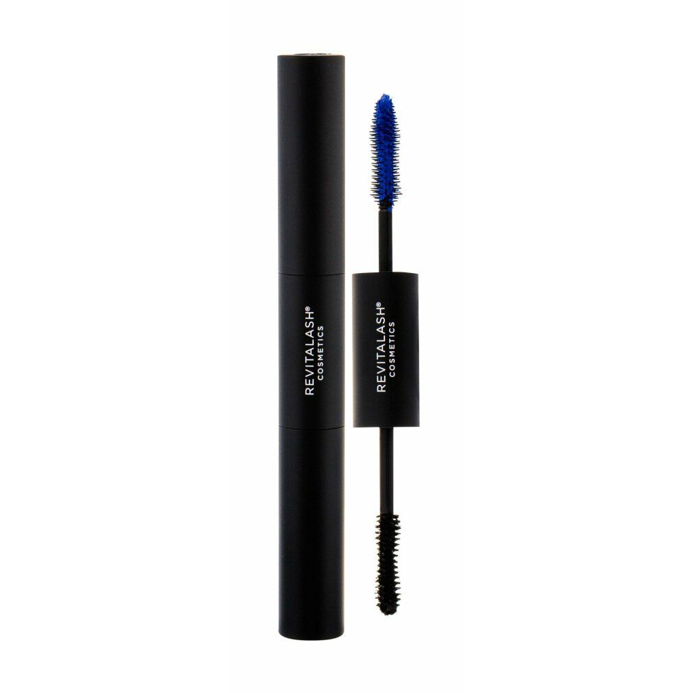 Schwarze Kosmetikverpackung mit blauer Bürste. Mit weißer Schrift: Revitalash Cosmetics.