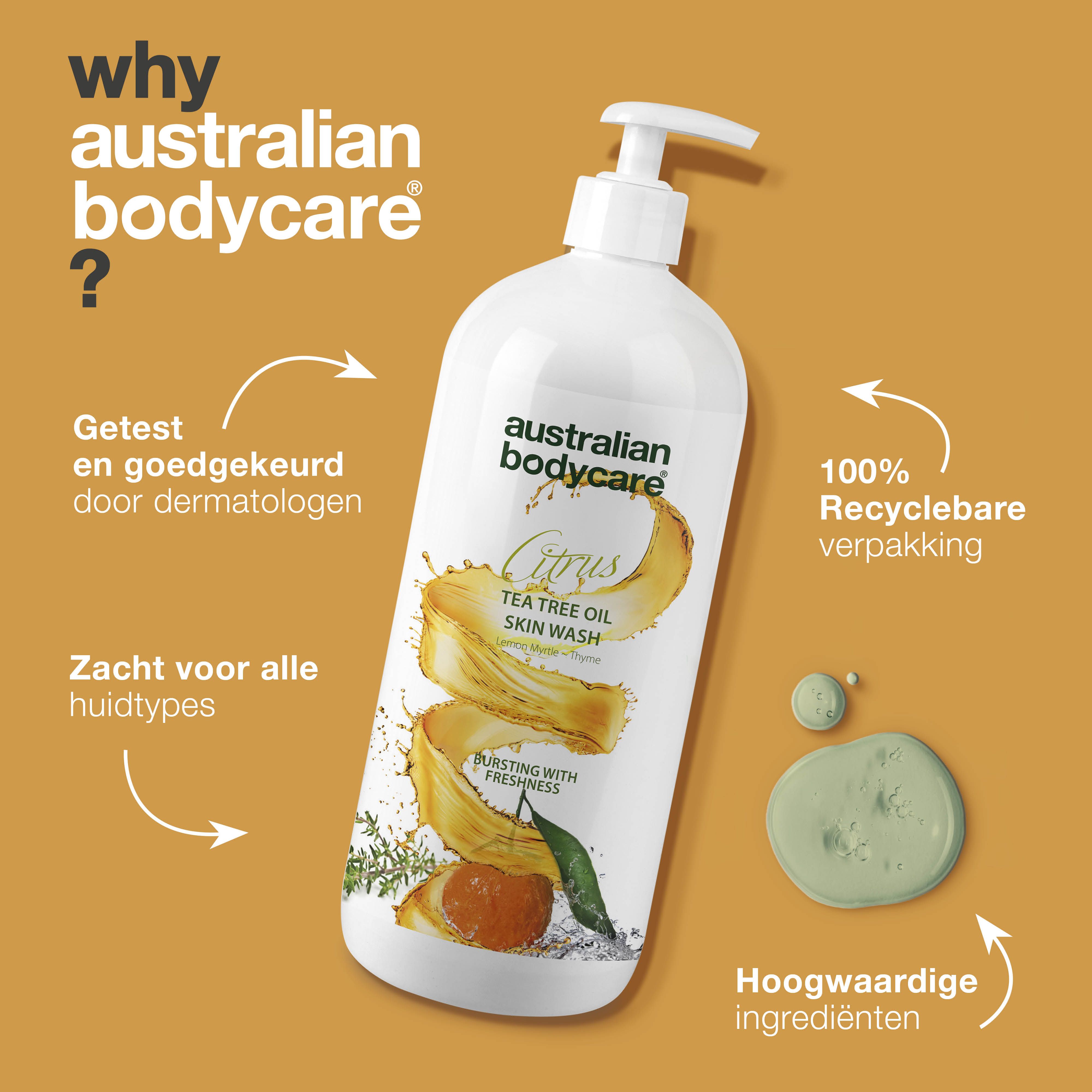 Fles Australian Bodycare Citrus Skin Wash. Tekst: Getest en goedgekeurd door dermatologen. 100% recyclebare verpakking.