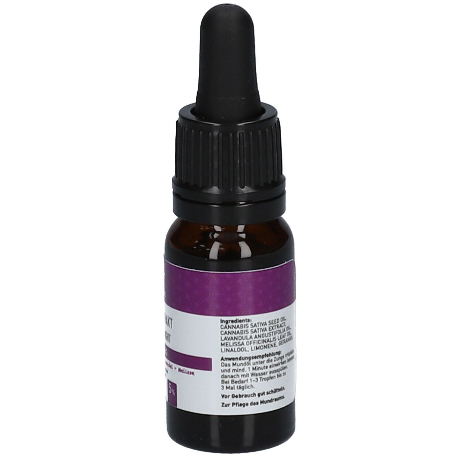 Braune Glasflasche mit schwarzem Deckel und Pipette. Aufschrift: VITADOL HANFEXTRAKT VITADOL NIGHT, 500mg CBG.