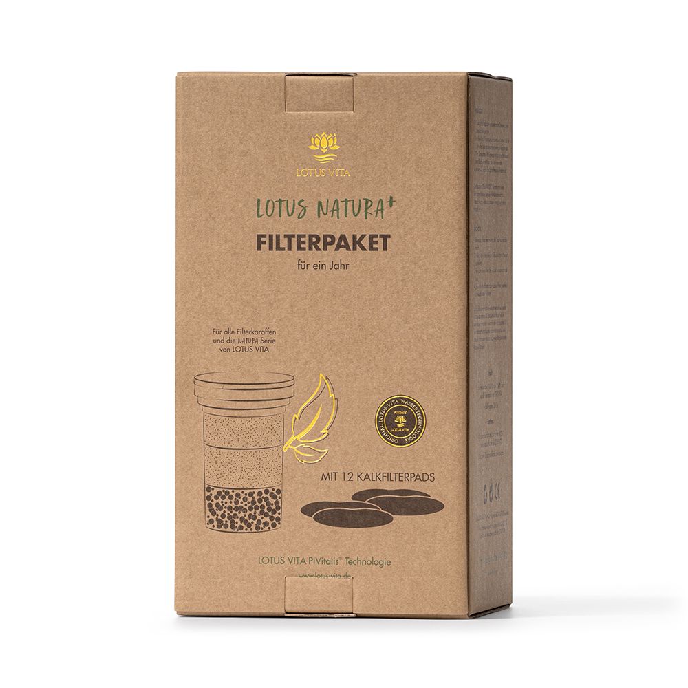 Braune Kartonverpackung mit Produktabbildung und Text: LOTUS NATURA* FILTERPAKET für ein Jahr. Mit 12 Kalkfilterpads.