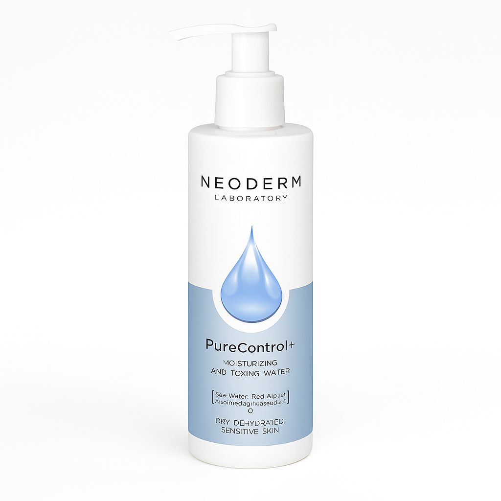 Weiße Flasche mit Pumpverschluss. Aufschrift: NEODERM LABORATORY, PureControl+, feuchtigkeitsspendend und tonisierend. Für trockene, empfindliche Haut.