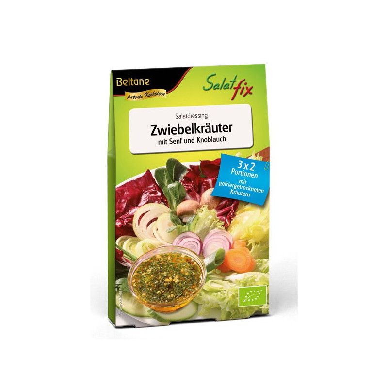 Verpackung mit Salatdressing Zwiebelkräuter. Enthält 3x2 Portionen. Mit Senf und Knoblauch. Bio-Siegel.