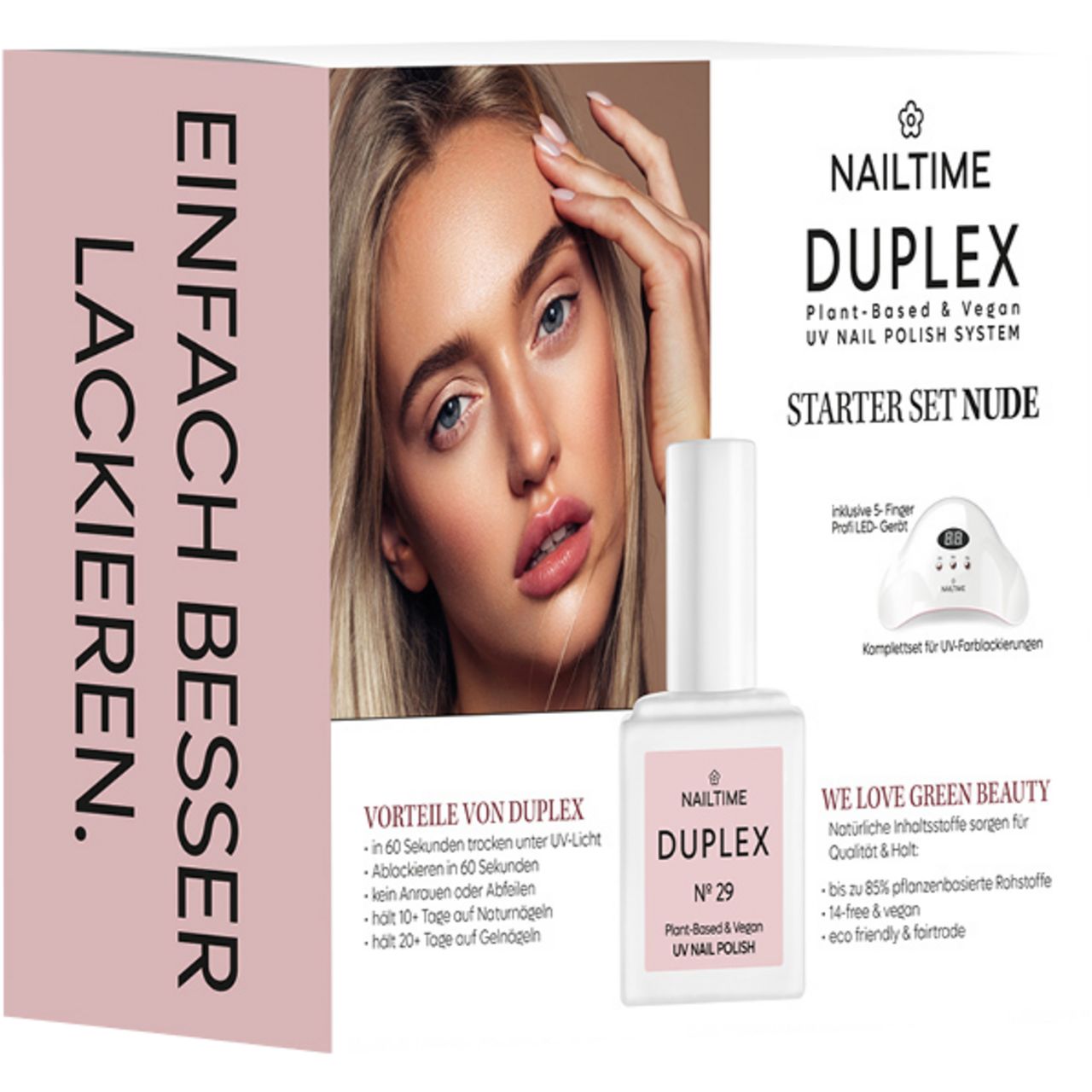 Nailtime Duplex Starter Set Nude. Enthält Nagellack. Verpackung mit Produktabbildung und Model. Text: Einfach besser lackieren.