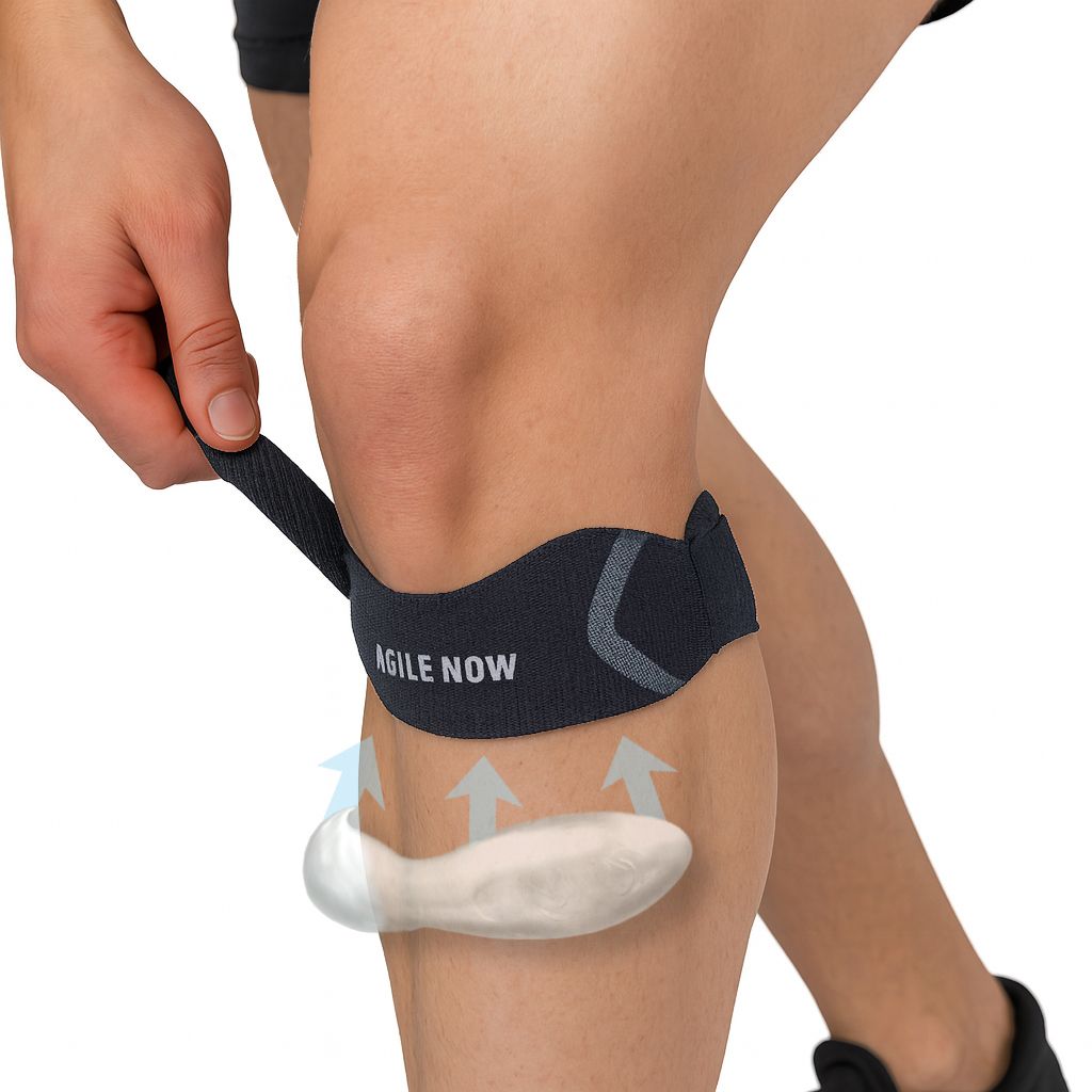 Kniebandage am Bein. Text: AGILE NOW. Silikoneinsatz. Pfeile.