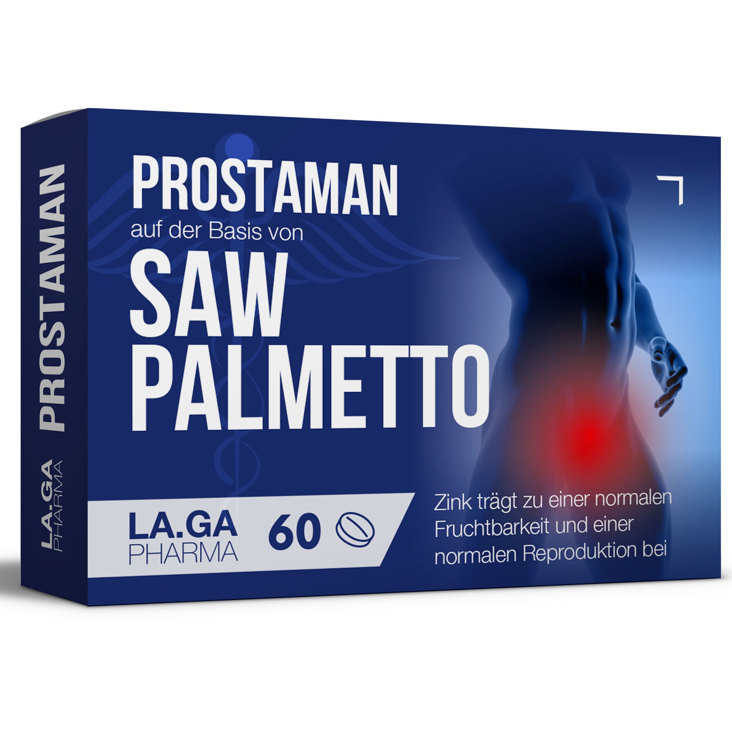 Blau-weiße Produktverpackung mit Text: PROSTAMAN, SAW PALMETTO, 60 Tabletten. L.A.GA Pharma. Abbildung eines Mannes.