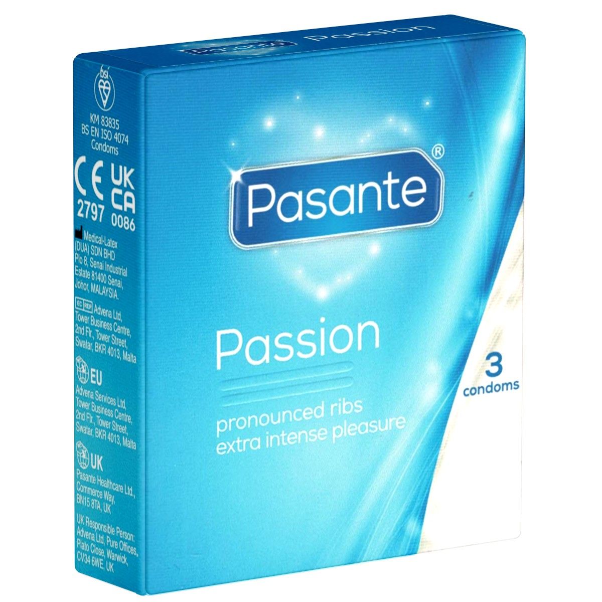 Blau verpackte Schachtel mit Pasante Passion Kondomen. Enthält 3 Kondome. Rippenstruktur, extra intensives Vergnügen.
