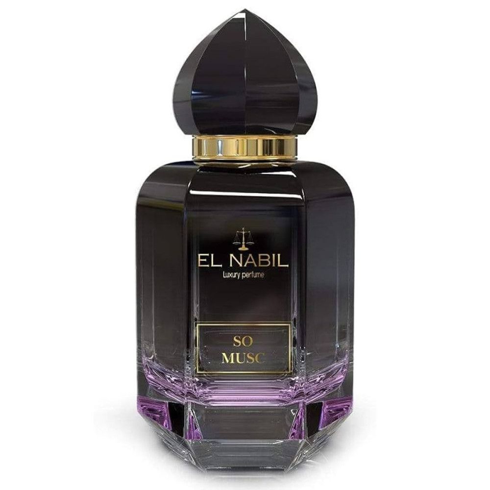 Dunkelviolette Parfumflasche mit goldfarbenem Verschluss. Aufschrift: El Nabil, So Musc. Facettiertes Design.