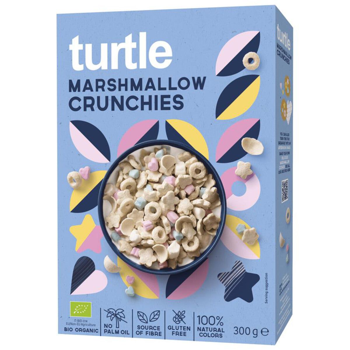 Blau-gelbe Verpackung mit "turtle" und "Marshmallow Crunchies". Schüssel mit Cerealien. Bio, glutenfrei, ohne Palmöl, 300g.