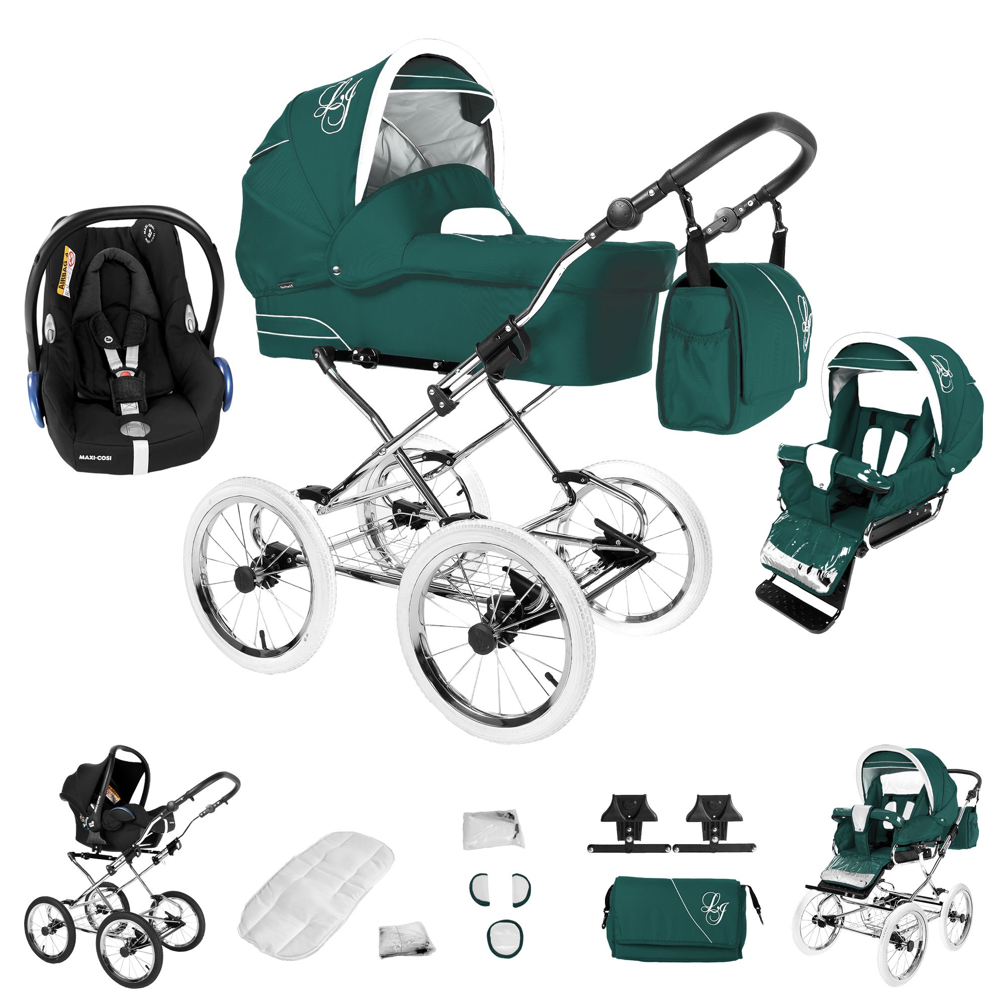 Bebebi Loving 3 in 1 Nostalgie Kinderwagen Set mit Original Maxi Cosi, Green Tender
