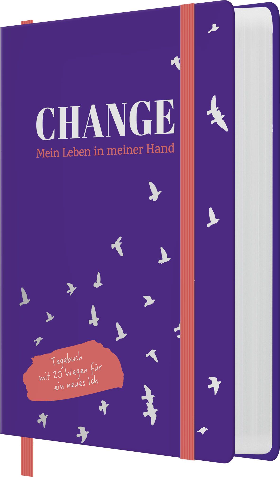 Lila Notizbuch mit dem Titel "CHANGE Mein Leben in meiner Hand". Weiße Vögel und ein roter Gummiband.