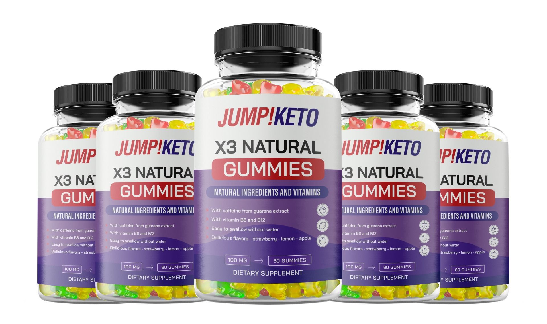 Fünf Flaschen Jump!Keto X3 Natural Gummies, gefüllt mit bunten Gummibärchen.