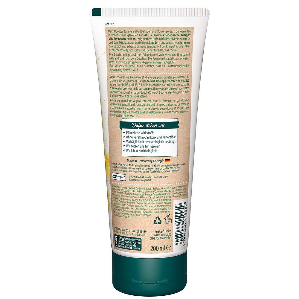 Kneipp Aroma-Pflegedusche Vitality Booster. Tube-Rückseite. Text in Deutsch, Inhaltsstoffe, Siegel, und Barcode. Grüne Verschlusskappe. 200 ml.
