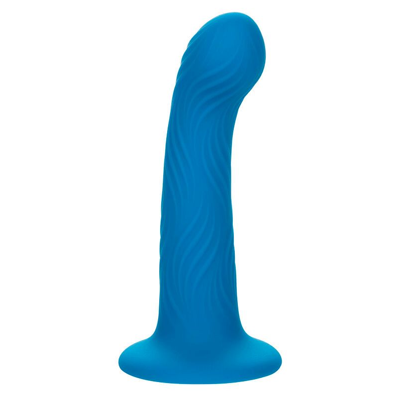 Blauer Analplug mit geriffelter Oberfläche und breiter Basis. Geformt mit einem gebogenen Schaft.