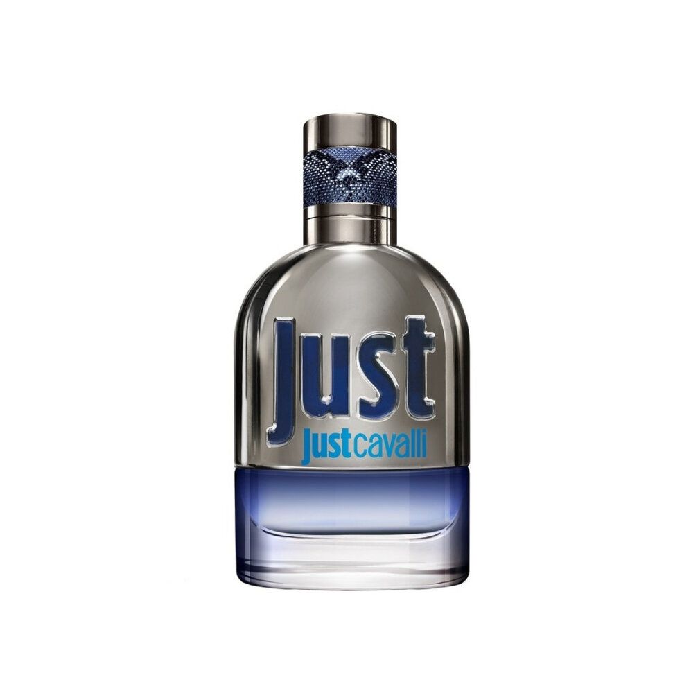 Roberto Cavalli Just Cavalli Him Edt Spray. Flakon mit silberfarbenem Körper und blauem Farbverlauf.
