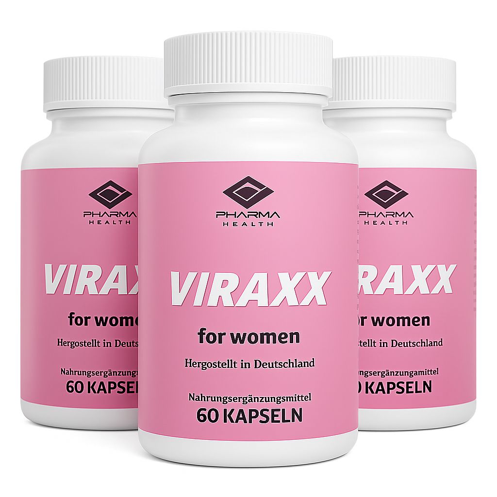 Drei weiße Flaschen mit rosa Etiketten. Aufschrift: VIRAX für Frauen, Pharma Health. 60 Kapseln.