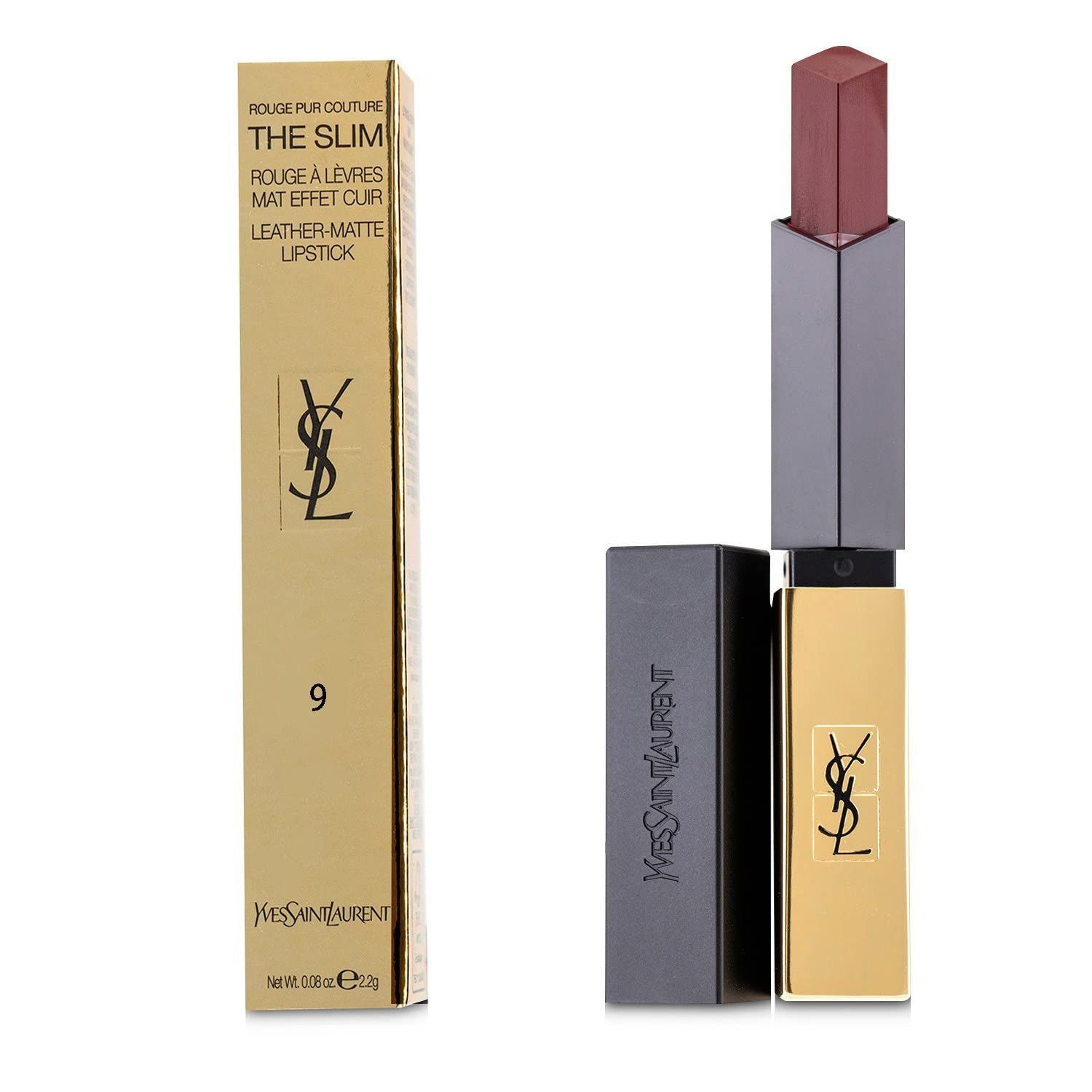 Goldener Lippenstift mit schwarzem Deckel und lila Spitze, neben goldener Verpackung mit schwarzer Schrift. Marke: Yves Saint Laurent.