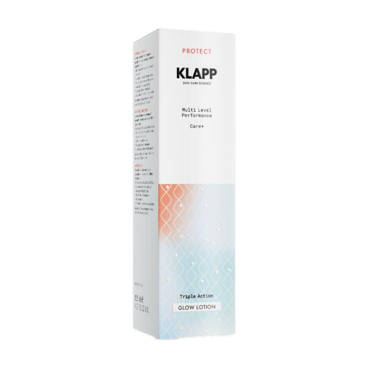 Klapp Triple Action Glow Lotion in Verpackung. Weißer Karton mit Produktnamen und Text. Farbverlauf: Orange, Blau.