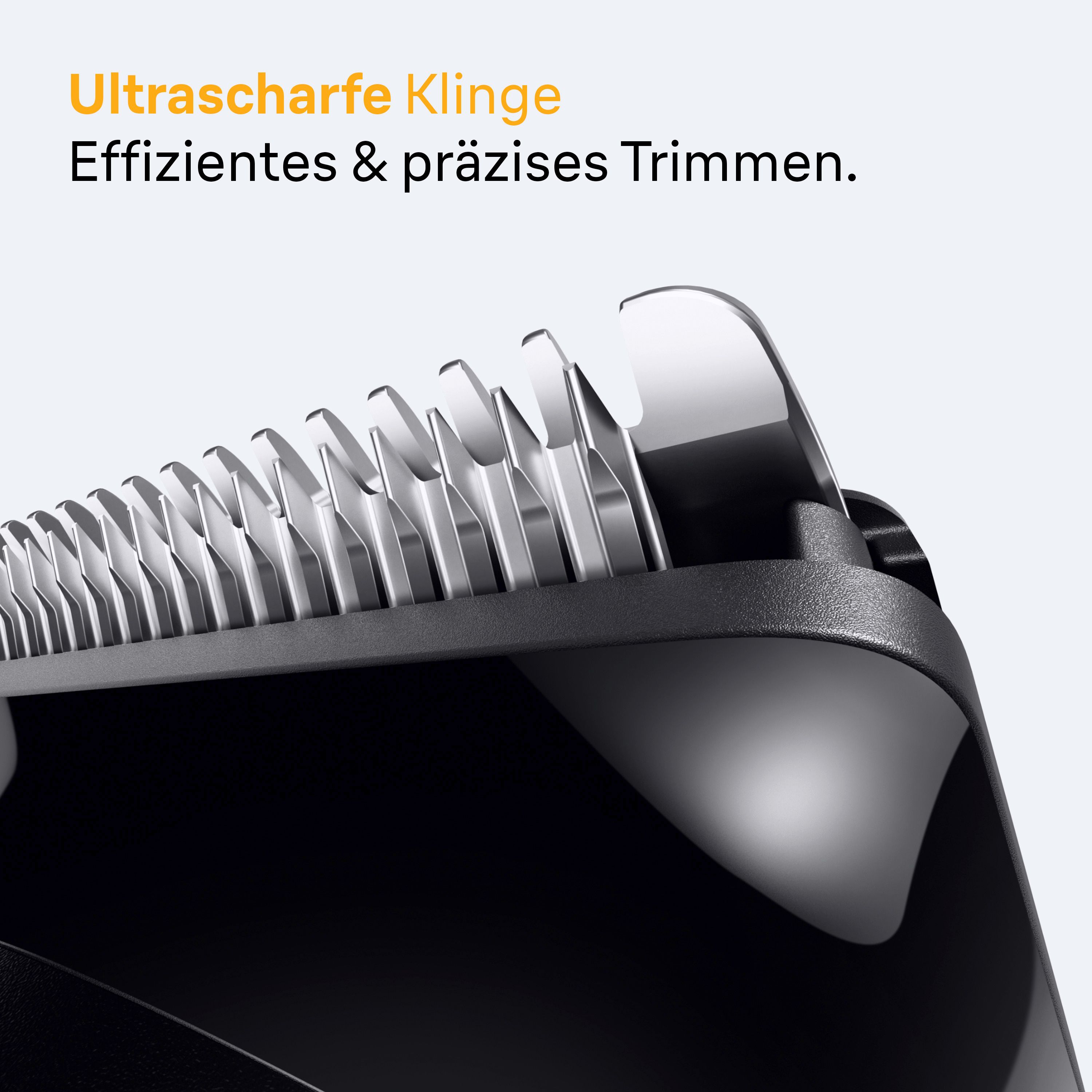 Nahaufnahme der ultrascharfen Klinge des Braun Bartschneiders.