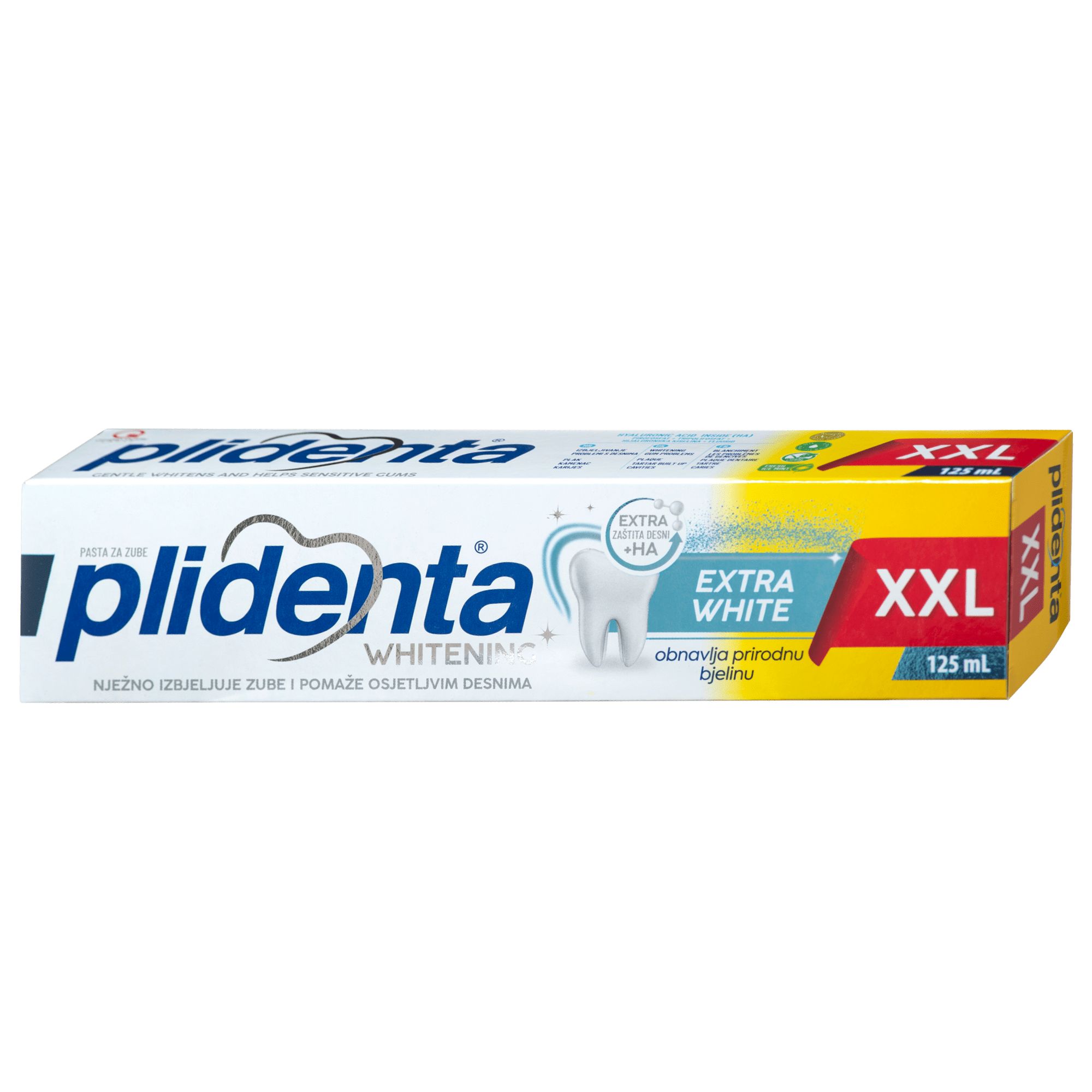 Zahnpasta-Tube und -Schachtel. Aufschrift: Plidenta Whitening Extra White XXL. Gelbe und weiße Verpackung.