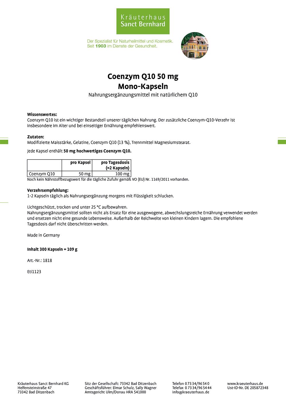 Sanct Bernhard Coenzym Q10 50 mg Mono-Kapseln