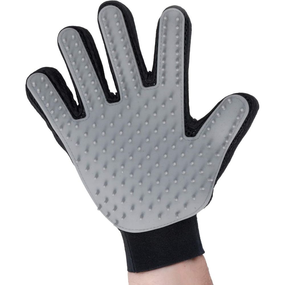 Grauer Massagehandschuh mit schwarzen Rändern. Silikonnoppen auf der Handfläche. Schwarzes Handgelenkband. Für Haustiere.