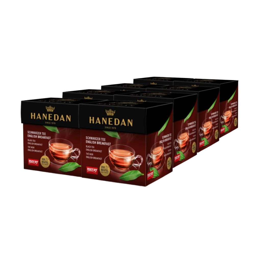 Mehrere Kartons MERAY Hanedan Schwarzer Tee English Breakfast. Schwarze Verpackung mit Produktabbildung und Text.