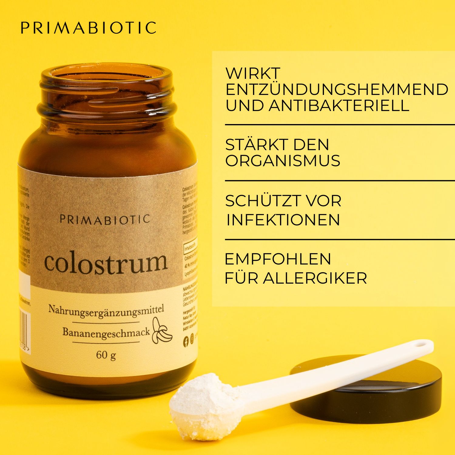 Braune Glasflasche mit schwarzem Deckel und weißem Messlöffel. Produktname, Bananengeschmack und 60g. Text: Wirkt entzündungshemmend.