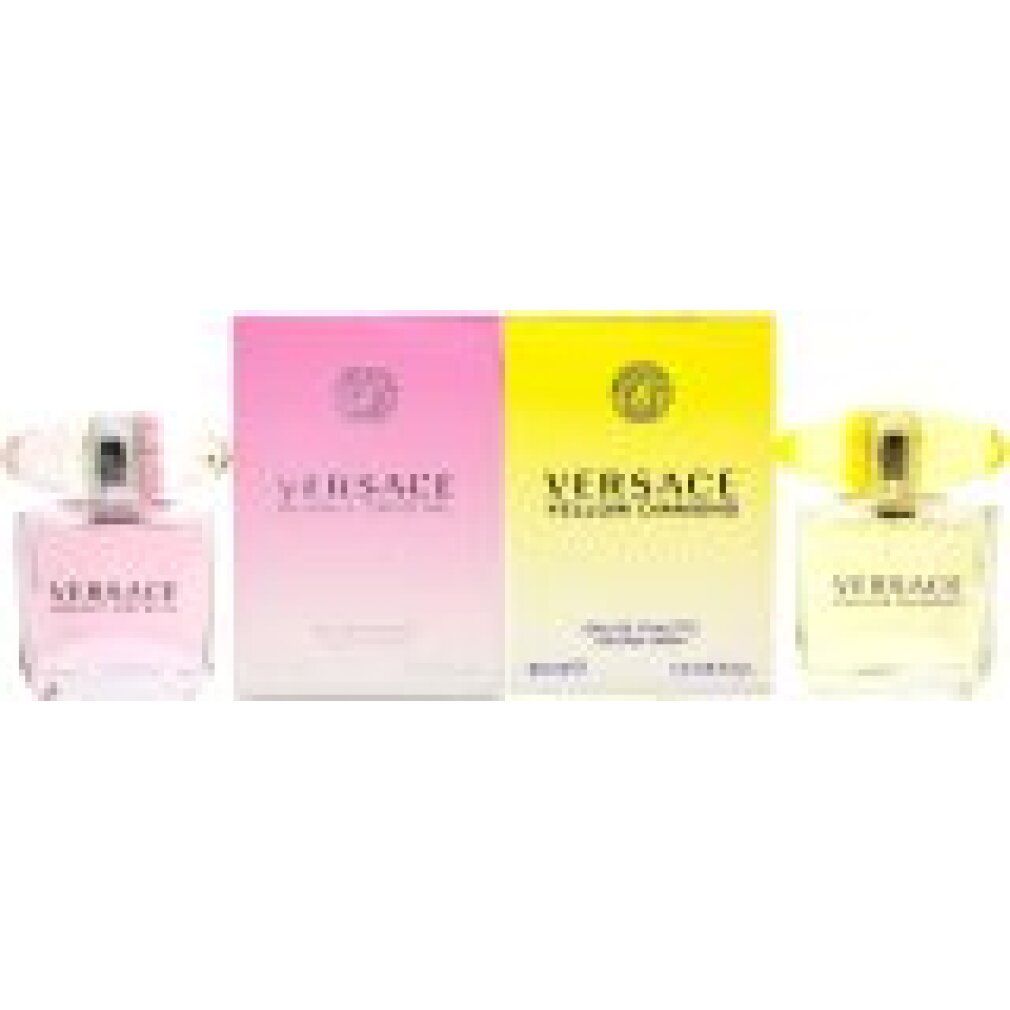 Geschenkset mit zwei Parfums und zwei Schachteln. Rosa und gelbe Verpackung mit Logo. Flakons mit Kristallkappen.
