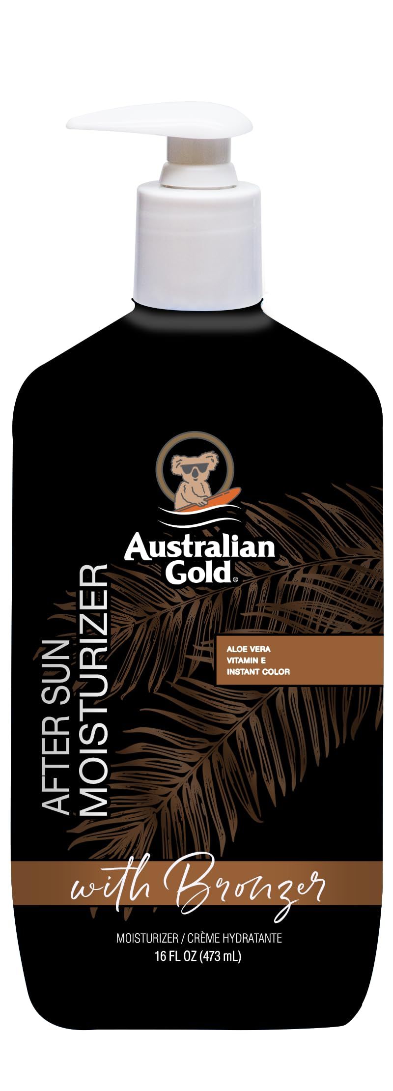 Schwarze Flasche mit weißem Pumpkopf. Aufschrift: Australian Gold, After Sun Moisturizer, mit Bronzer. Enthält Aloe Vera.