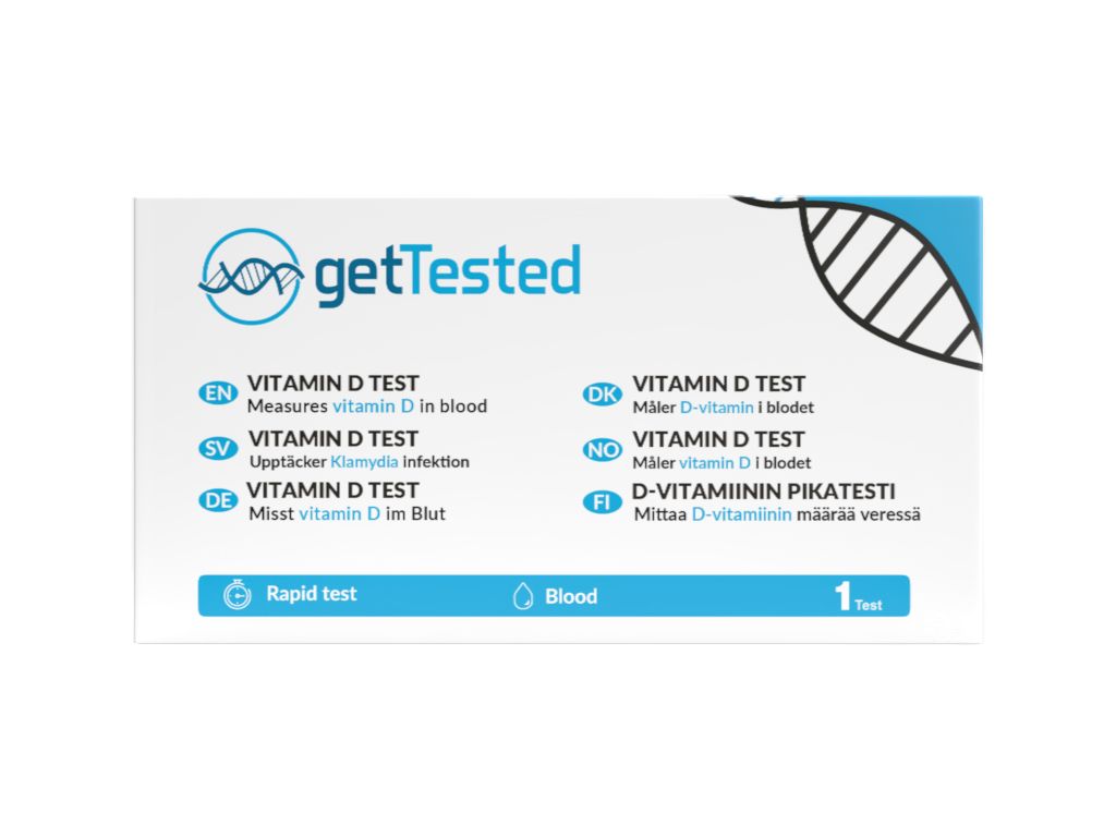 GetTested Vitamin-D-Test-Packung. Enthält Test für Vitamin-D-Messung im Blut. Mit Aufschrift "Rapid test" und "Blood".