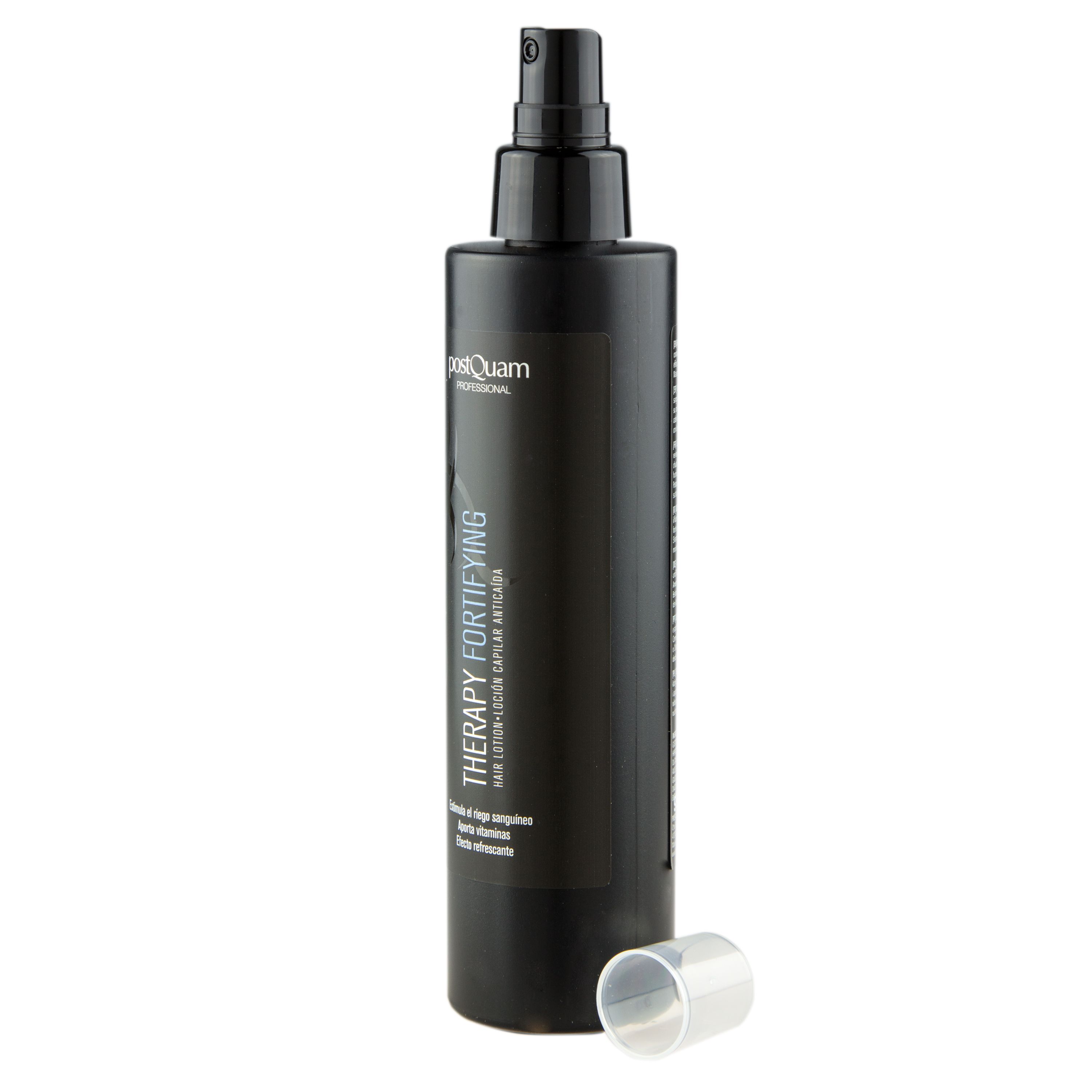 Schwarze Sprühflasche mit weißem Aufdruck. Text: Therapy Fortifying, Hair Lotion. Marke: PostQuam Professional. Kappe daneben.