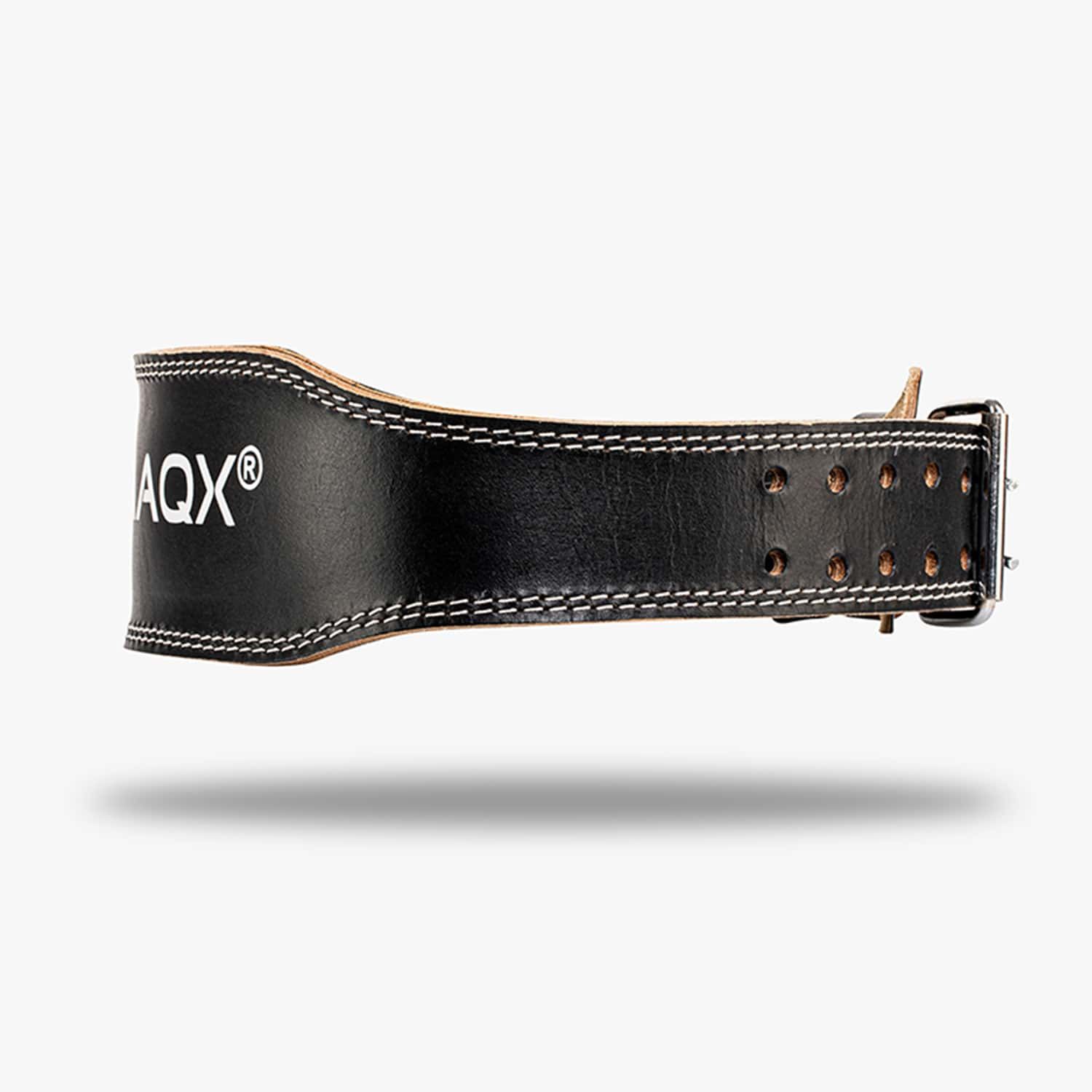 Schwarzer CLIMAQX Power Belt mit Logo und weißer Naht. Ledergürtel für Fitness. Seitenansicht.