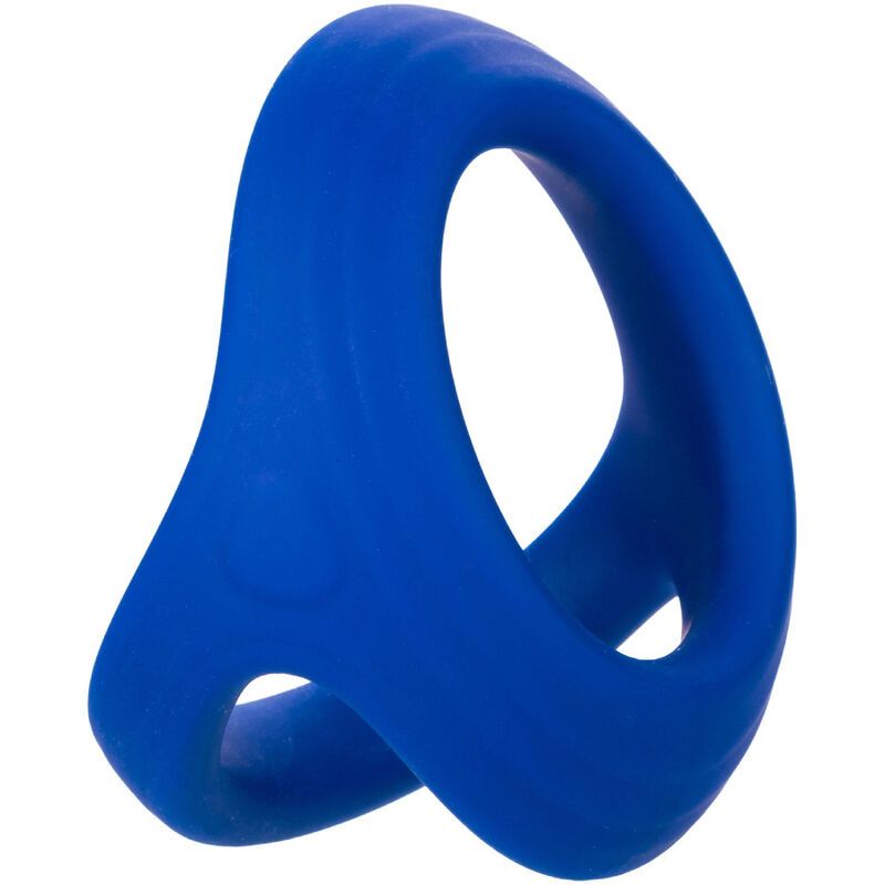 Blauer Ring mit doppelter Öffnung. Das Produkt hat eine geschwungene Form. Glatte Oberfläche.