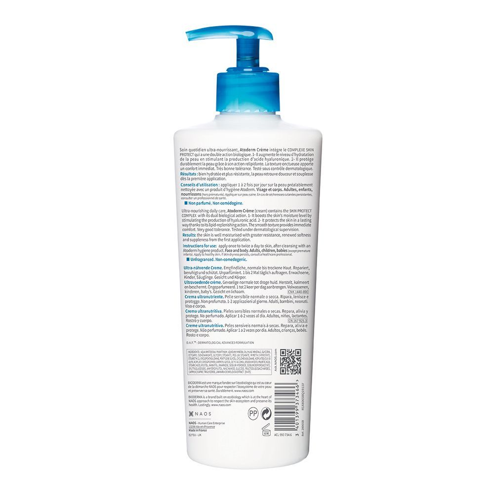 Weiße Flasche mit blauem Pumpverschluss. Text: BIODERMA Atoderm Crème. Rückseite mit Produktinformationen in mehreren Sprachen.
